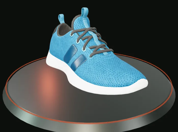 Zapatilla 3D azul sobre una base oscura con un borde cálido.